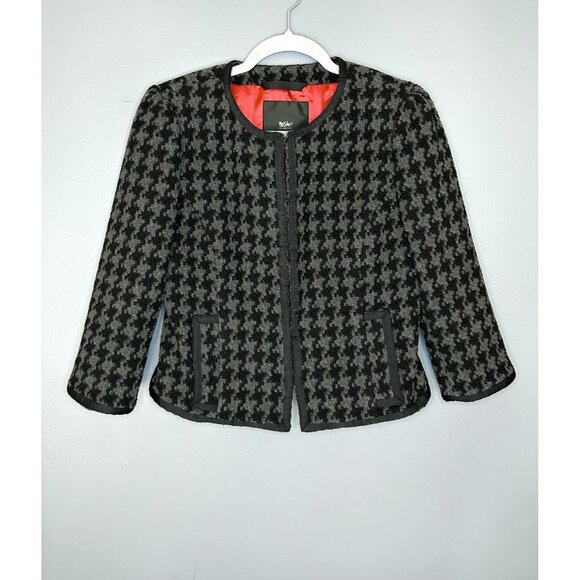 Mossimo Tweed Jacket Womens M Houndstooth Collarless Black Grey Twee 3/4 Sleeve - Picture 12 of 13